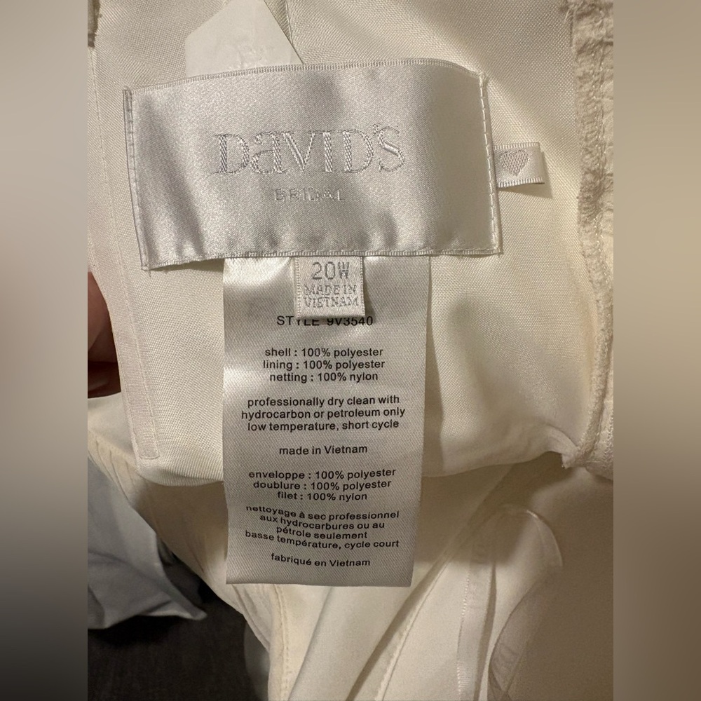 David's Bridal White Long Sleeve Chiffon Wedding Dress with Beaded Belt - Picture 7 of 12